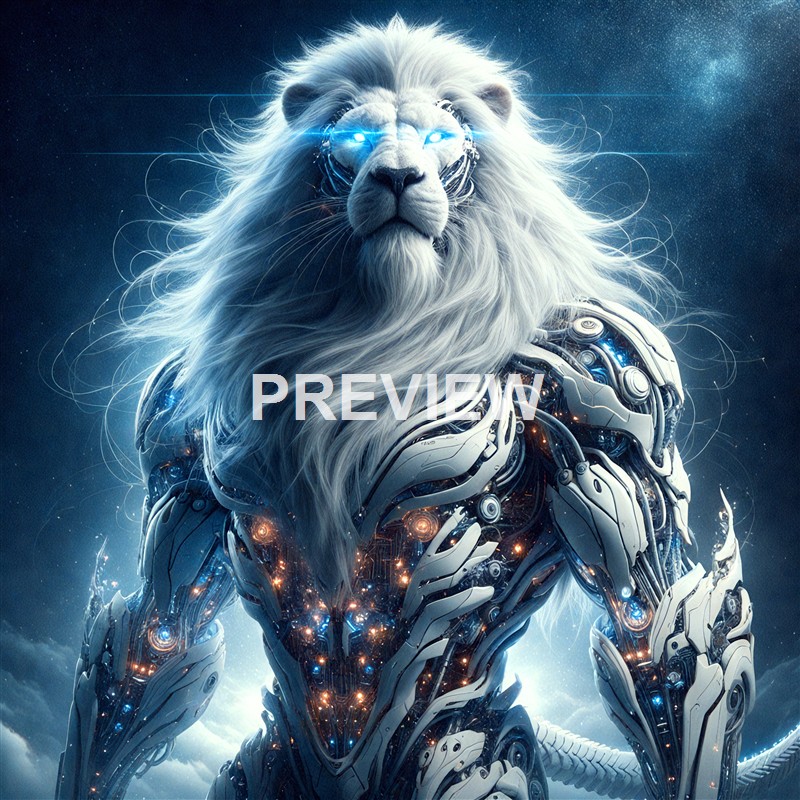 A majestic lion with glowing blue eyes and a flowing mane is depicted as a futuristic cyborg with intricate metallic and glowing elements integrated into its body, set against a starry night sky.